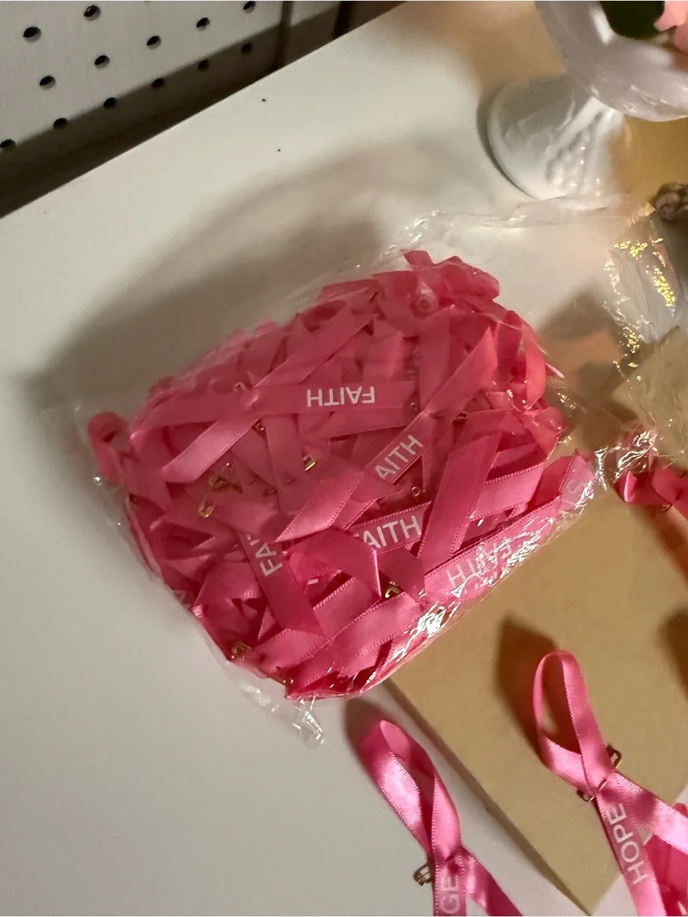 Pink Awareness Ribbon Pins - Hope Courage Strength Faith - Home Party Supplies